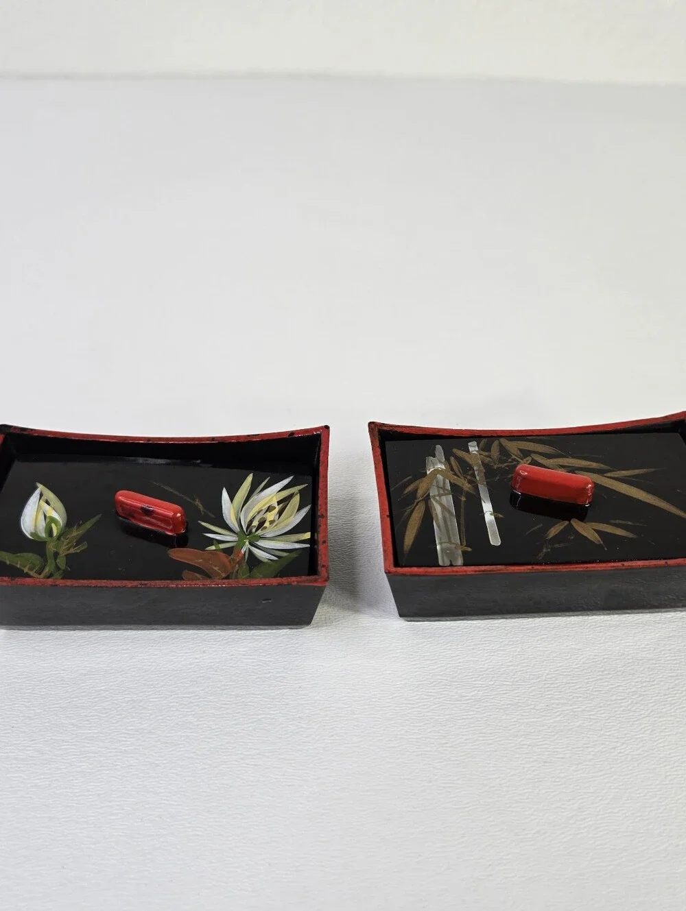 Vtg Japanese Lacquerware Box Set Urushi Maki-e Floral Bamboo Black Red Hand Pain